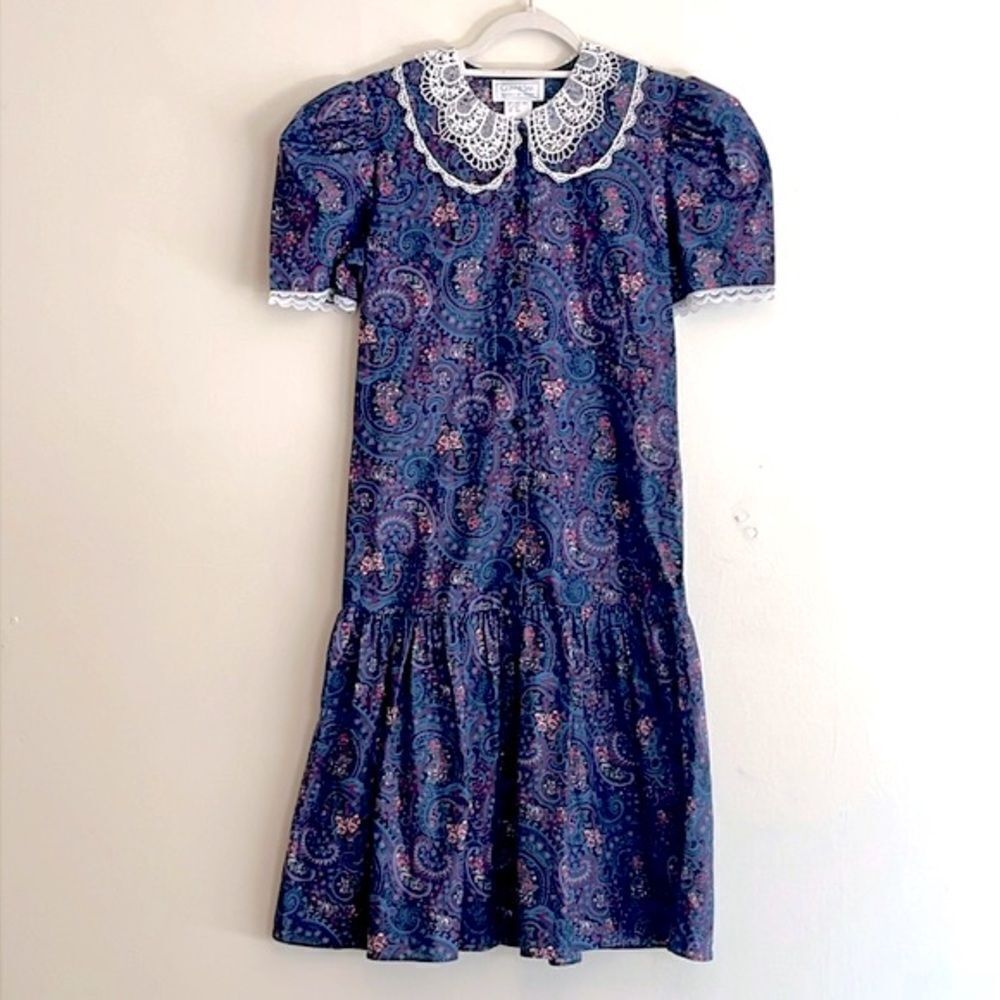 Gunne Sax Paisley drop waist button down lace dress paisley cottagecore sz 10